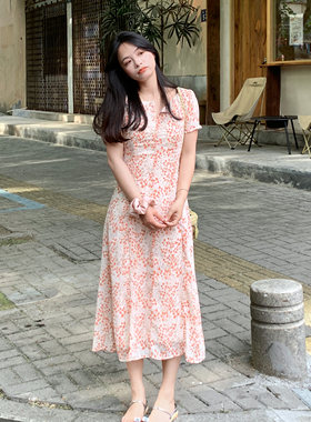 PERRY自制小个子法式碎花连衣裙女夏V领收腰中长裙温柔150xxs