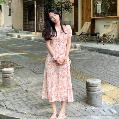 PERRY自制小个子法式碎花连衣裙女夏V领收腰中长裙温柔150xxs