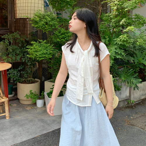 PERRY自制小个子飘带衬衫女短袖宽松设计感棉质上衣小码150xxs