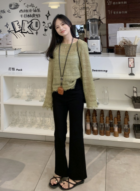 PERRY自制 超舒服~小个子黑色高腰弹力微喇裤小码150xxs