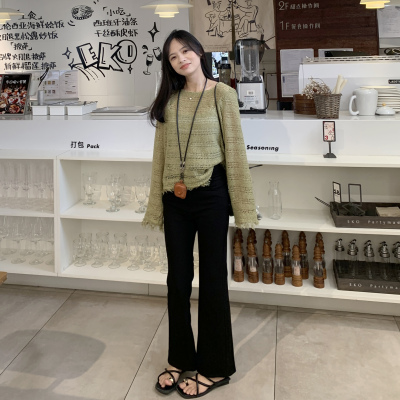 PERRY自制 超舒服~小个子黑色高腰弹力微喇裤小码150xxs