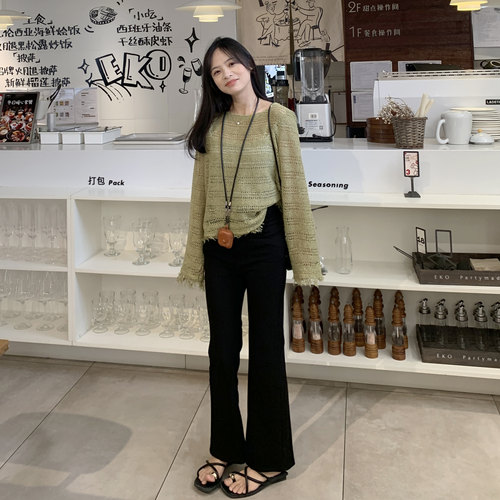 PERRY自制 超舒服~小个子黑色高腰弹力微喇裤小码150xxs
