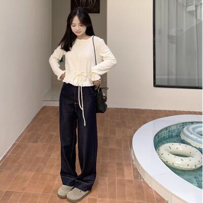 PERRY自制小个子高腰休闲竹节棉拖地显高小码150xxs牛仔裤