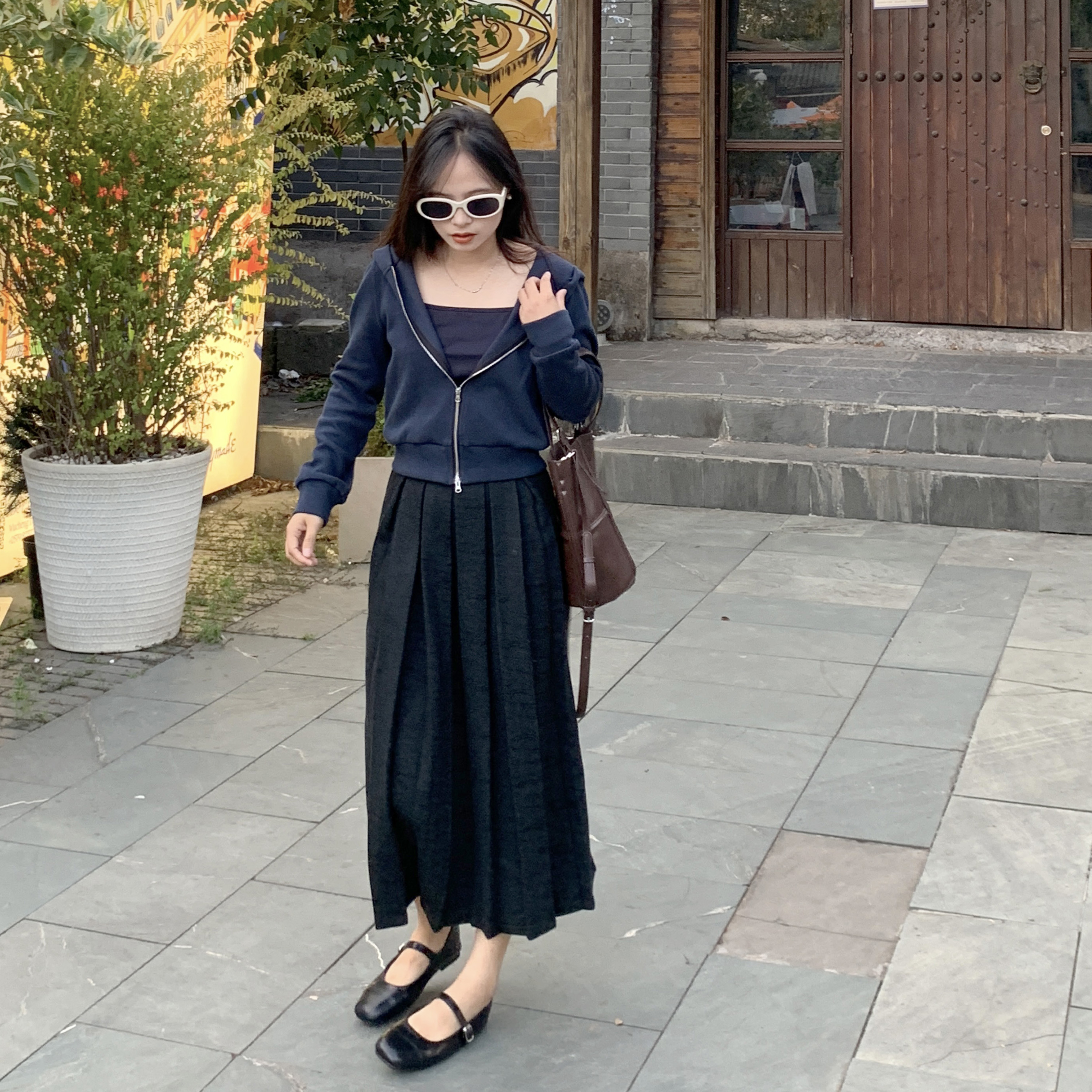 PERRY自制小个子复古百褶半身裙女高腰显瘦中长款150xxs