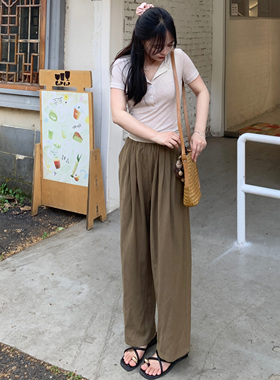 PERRY自制小个子松紧宽松九分亚麻休闲裤小码150xxs