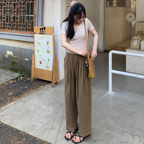PERRY自制小个子松紧宽松九分亚麻休闲裤小码150xxs
