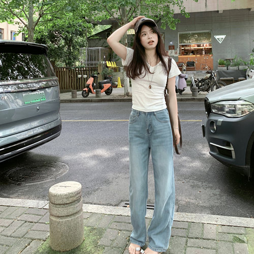 PERRY自制小个子莱赛尔夏季薄款牛仔裤女高腰直筒拖地裤150xxs