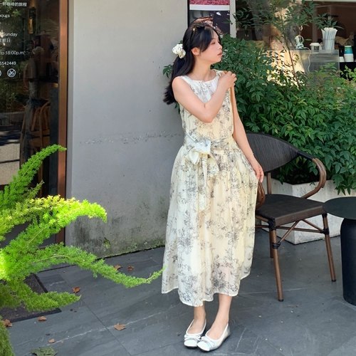 PERRY自制小个子天丝复古植物印花宽松长款系带连衣裙小码150xxs