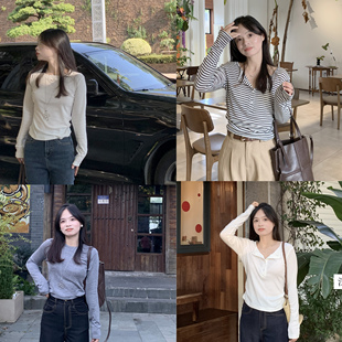 PERRY自制莱赛尔羊毛~小个子条纹纽扣长袖T恤女秋季150xxs