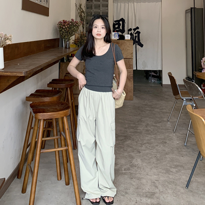 PERRY制小个子松紧腰工装裤显高小码150xxs自高腰