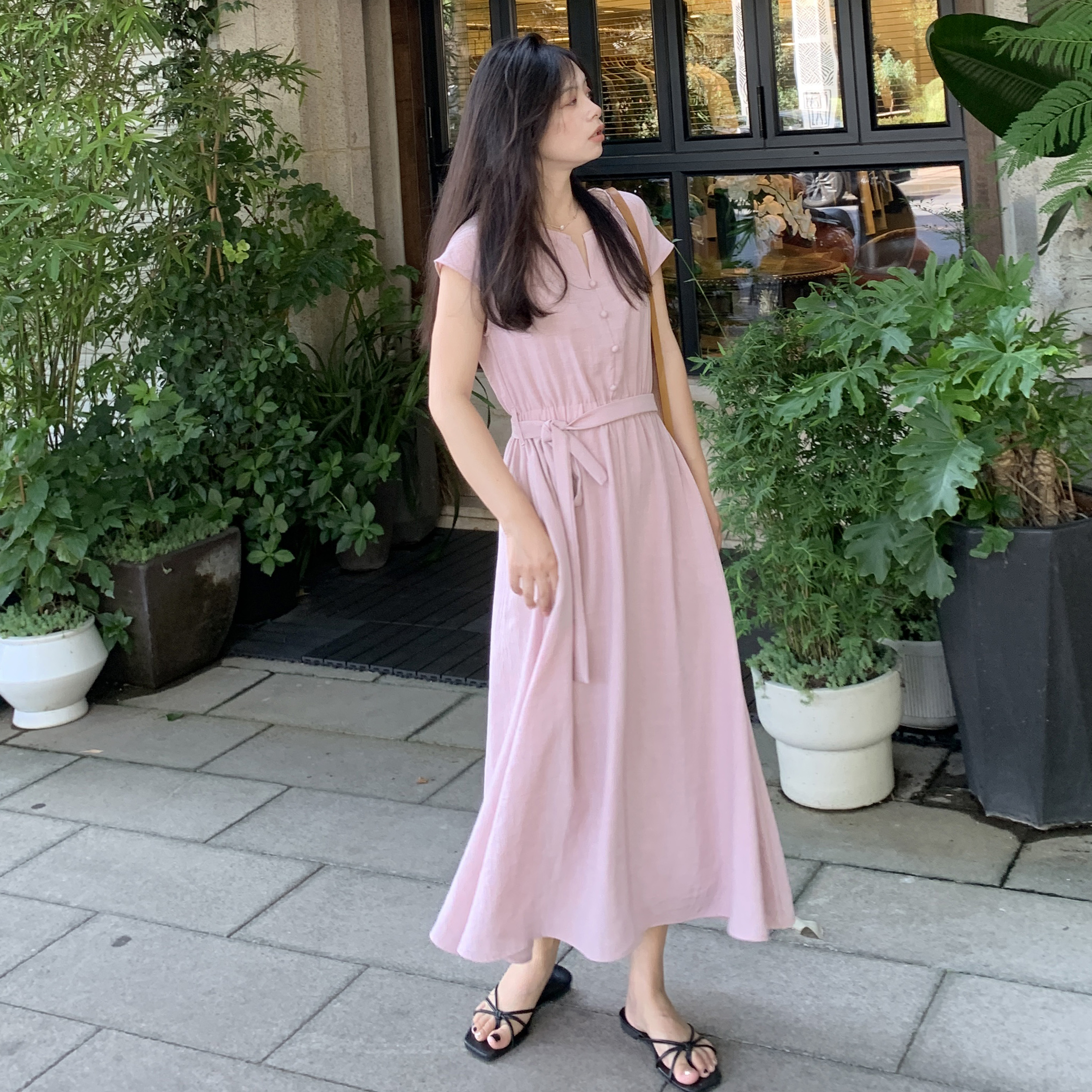 PERRY自制亚麻松紧连衣裙小个子宽松连袖小码150xxs