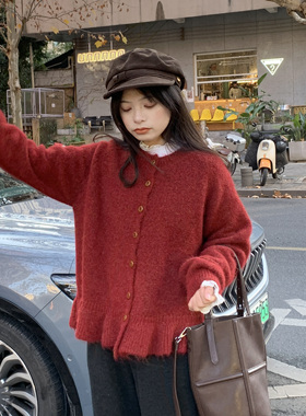 PERRY自制小个子红色花边毛衣小码圆领开衫150xxs