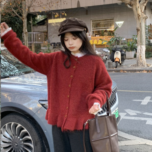 PERRY自制小个子红色花边毛衣小码 150xxs 圆领开衫