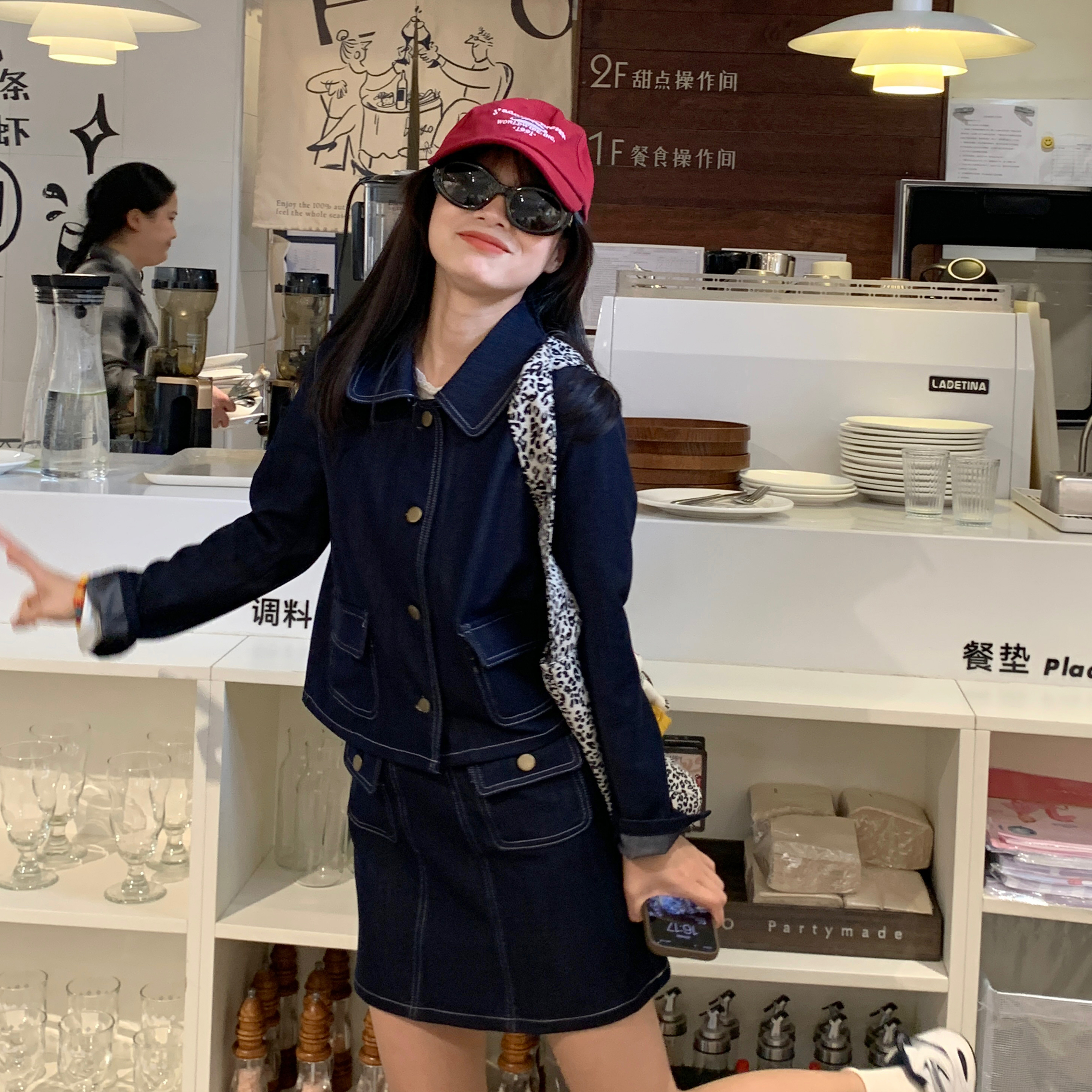 PERRY自制小个子仿牛仔小翻领短裙套装小码150xxs