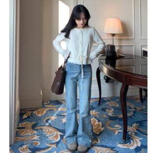 PERRY自制小个子高腰蓝色显瘦复古喇叭裤小码150xxs