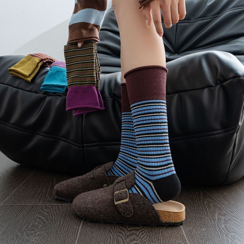 堆堆袜纯棉袜子女款秋2025新款爆款超火艺术生袜中筒条纹