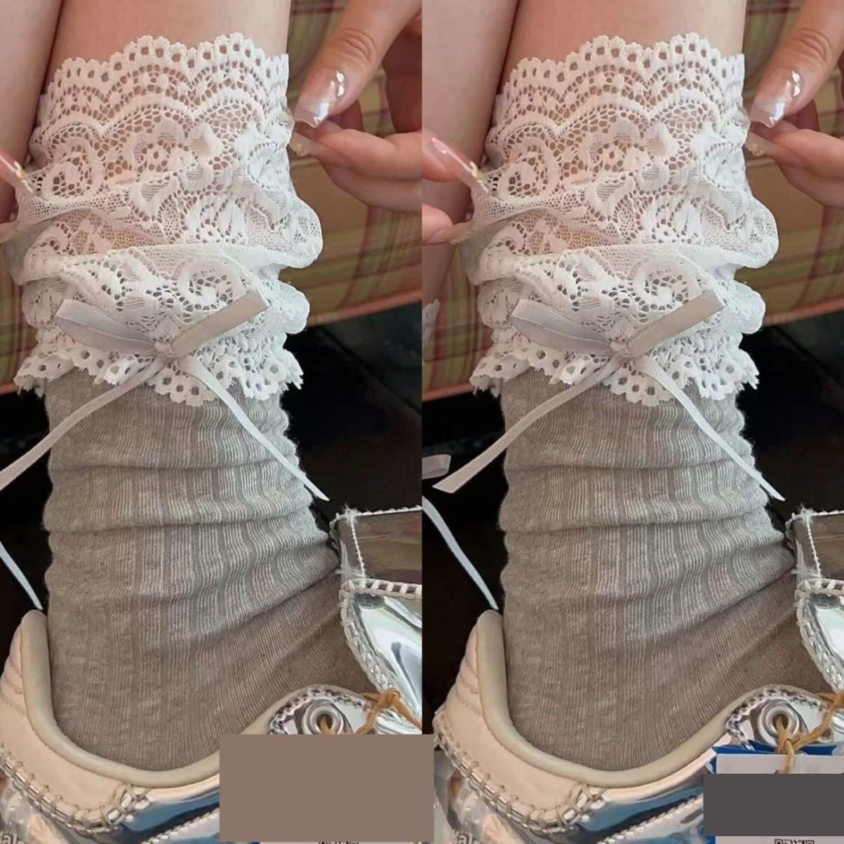miu系千金蕾丝花边袜子女薄款中筒袜春夏纯棉灰色芭蕾风堆堆袜
