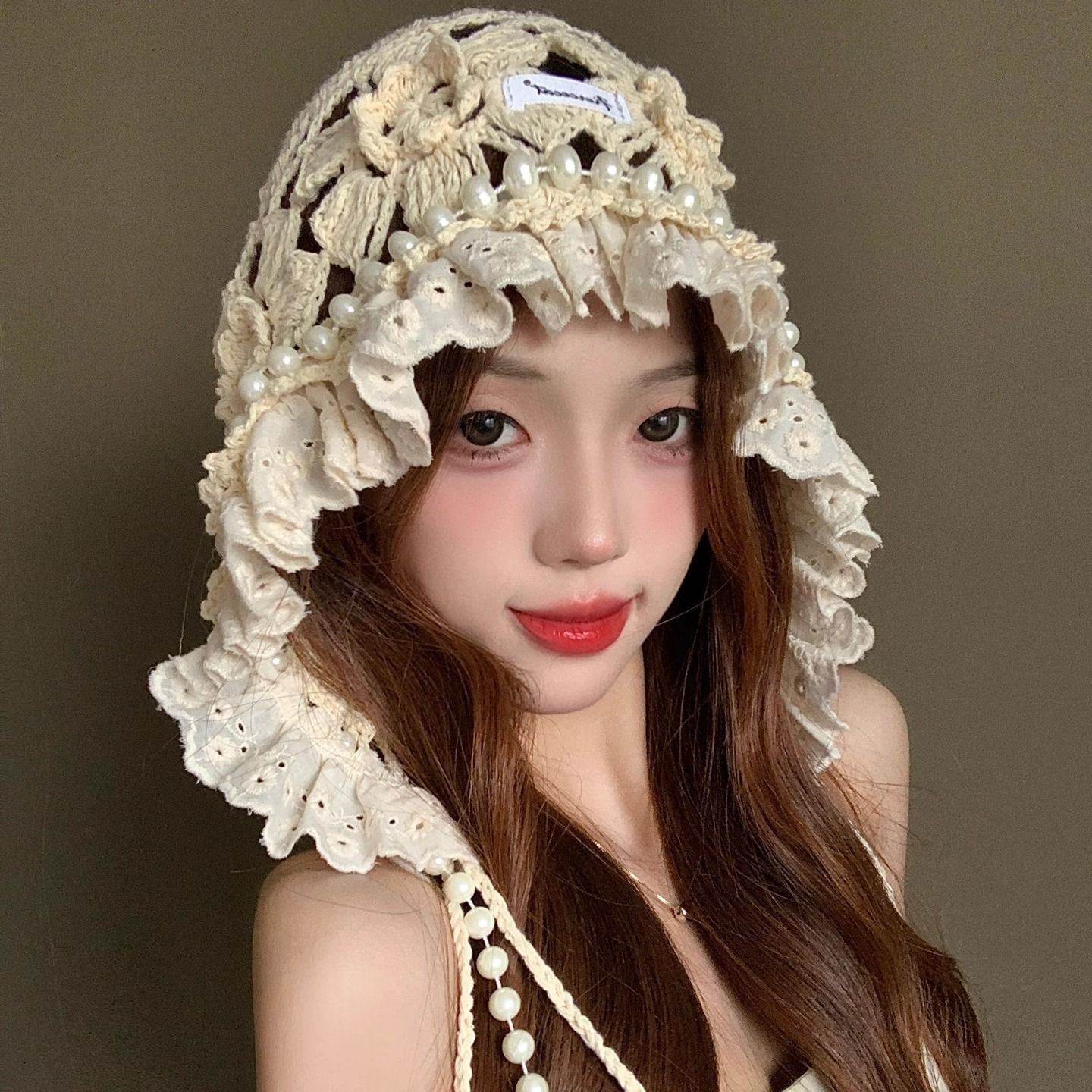 日系新款甜美珍珠镂空花朵针织帽子女夏季时尚手工编织花边流苏帽
