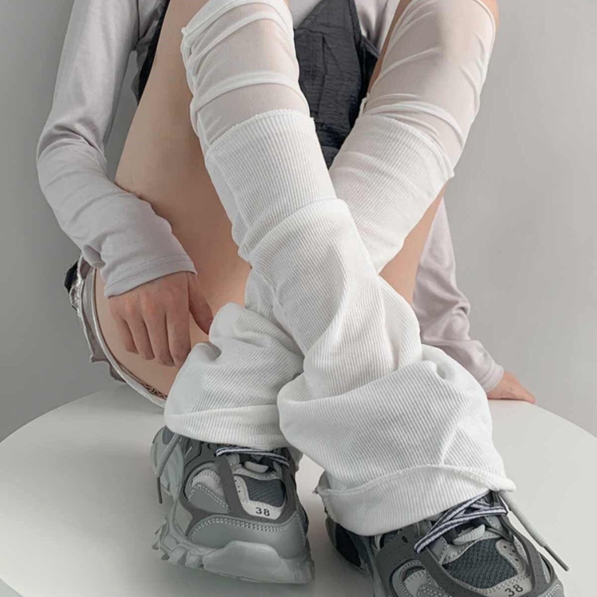 网纱拼接袜套夏芭蕾风囀叭小腿套白色长筒袜子女款春款