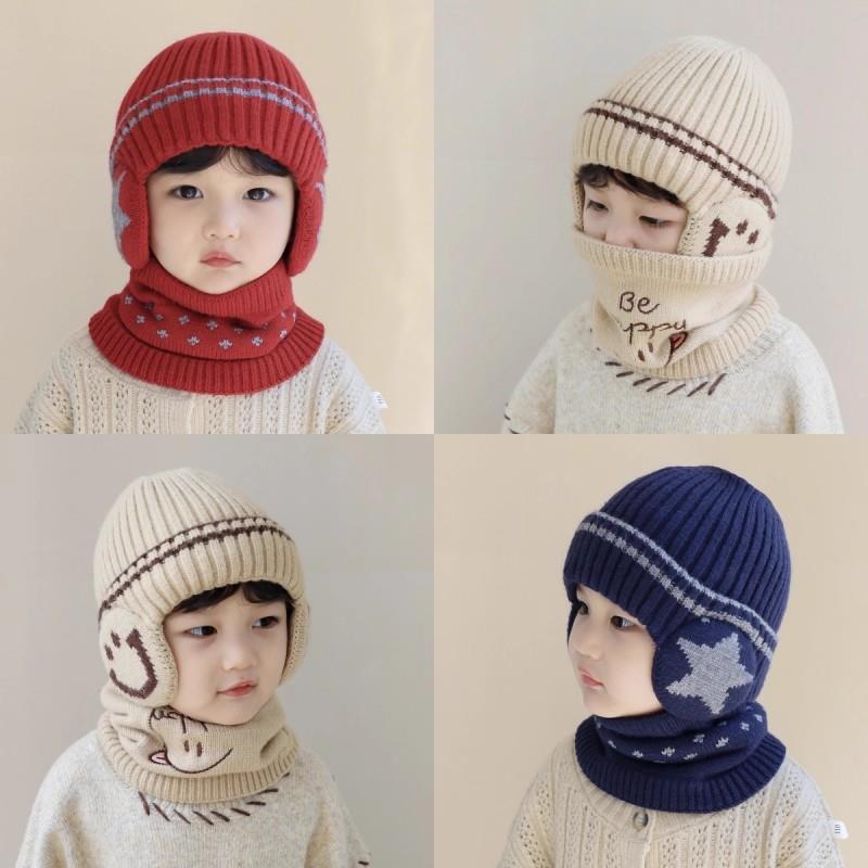 儿童帽子围脖二件套秋冬男童加绒护耳帽女童加厚保暖毛线宝宝套帽