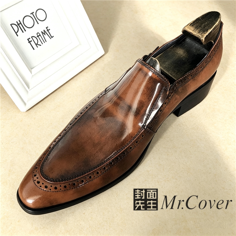 Mr.Cover高档头层牛皮男士商务正装皮鞋尖头雕花一脚蹬西装鞋
