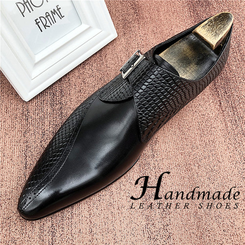 真皮尖头一脚蹬正装上班皮鞋男搭扣欧版孟克鞋套脚真皮新郎结婚鞋