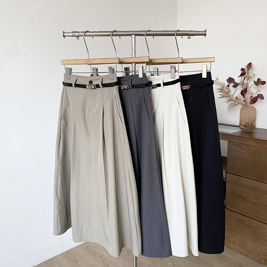 通勤简约风高腰A字半身裙女春夏季新款法式配腰带显瘦遮跨中长裙