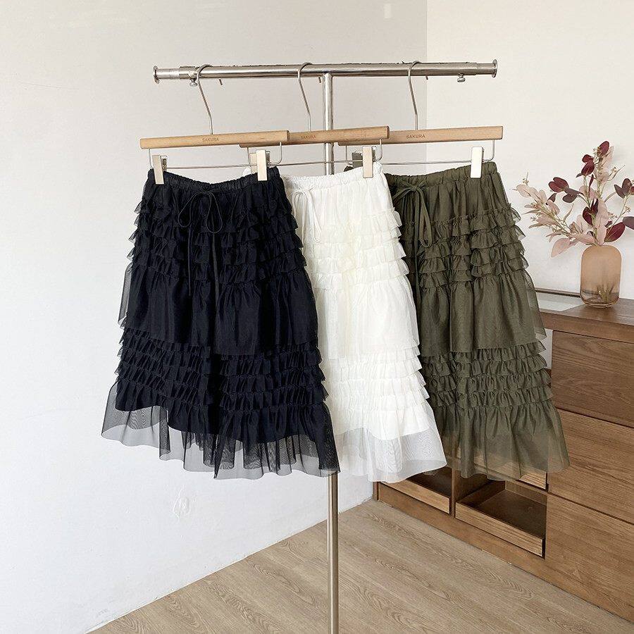 通勤高腰网纱蛋糕半身裙女春夏季新款荷叶边层次感蓬蓬裙显瘦半裙