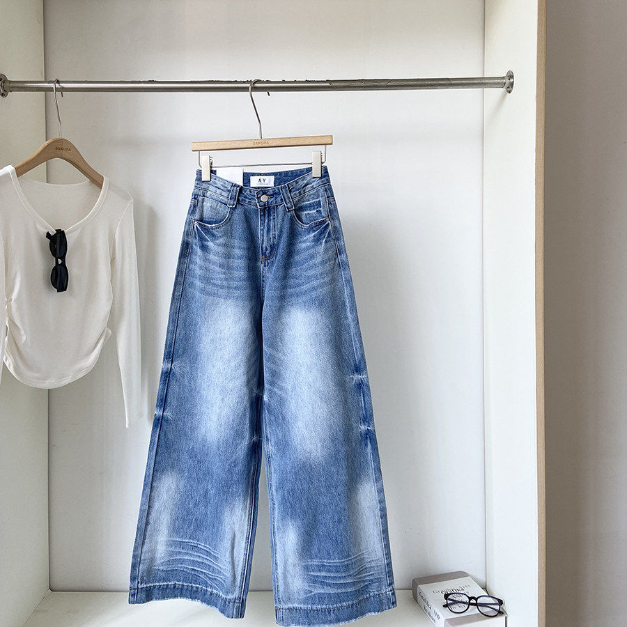 美式水洗蓝色牛仔阔腿裤女2026年春季新款复古风高腰显瘦宽松长裤