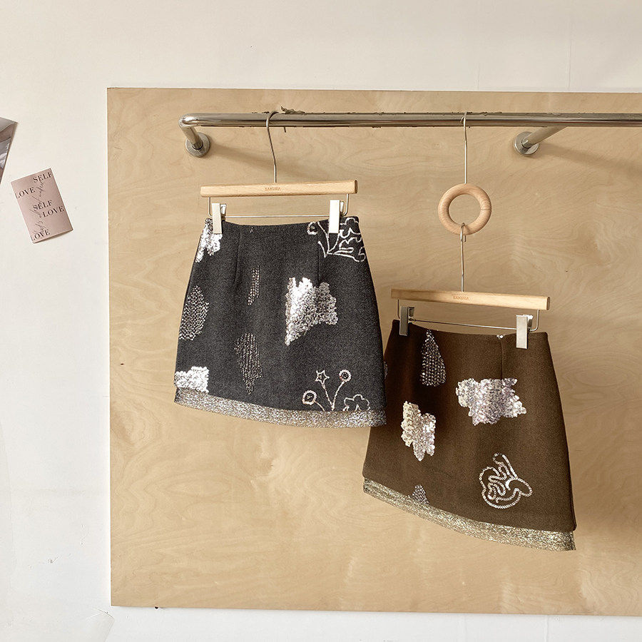 法式复古高腰A字半身裙女春季新款时髦重工亮片小个子设计感短裙