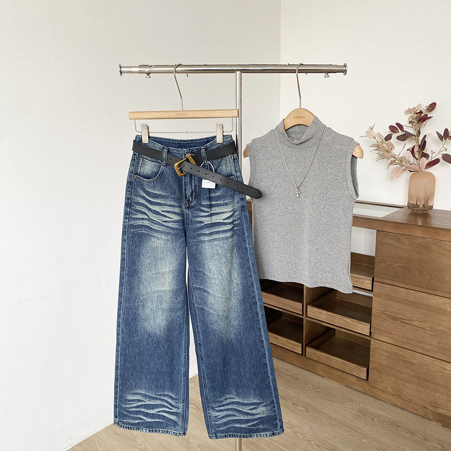 复古水洗高腰阔腿牛仔裤女2026春季新款美式通勤设计宽松百搭长裤