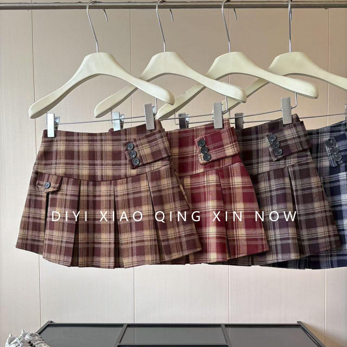 复古撞色格纹毛呢半身裙女秋季学院风百褶裙显瘦高腰裙子a字短裙