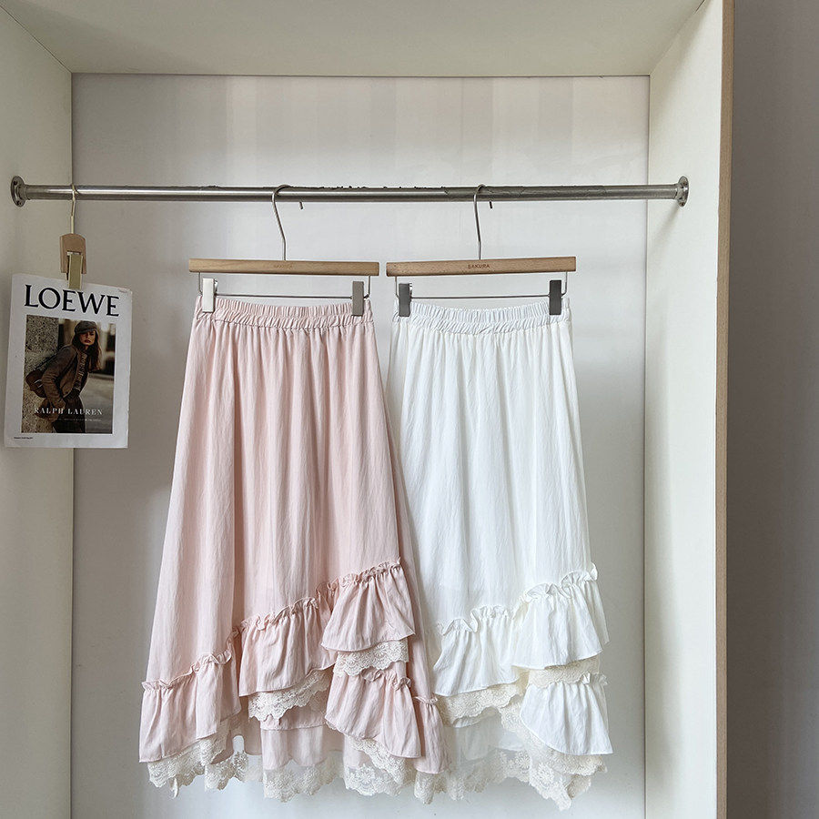 2026春季新款法式温柔小个子粉色高腰半身裙女蕾丝拼接A字中长裙