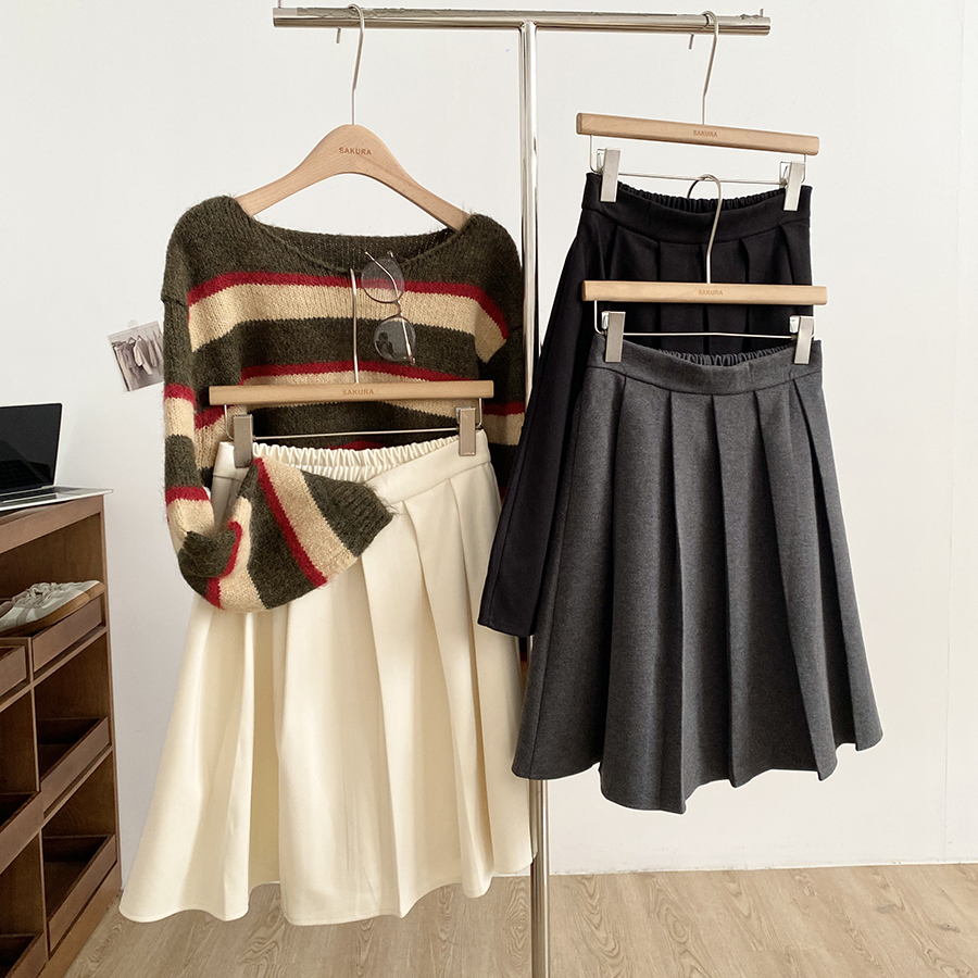 学院风高腰百褶半身裙女秋冬韩版A字显瘦遮胯中裙气质毛呢A字裙