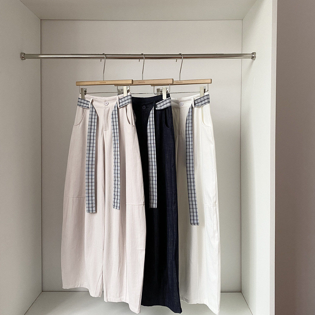 通勤风高腰绑带阔腿裤女2026春季新款垂坠感格纹腰带休闲长裤百搭