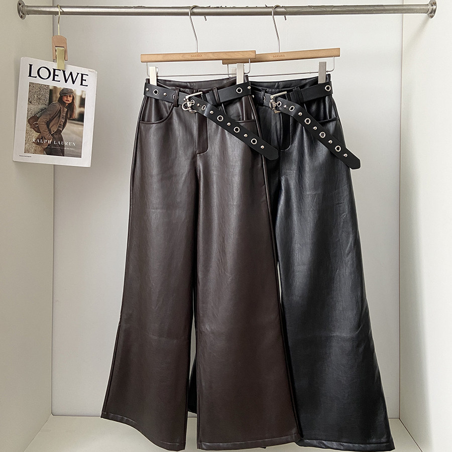 高腰加绒加厚咖啡色PU皮机车裤女冬季新款韩版百搭保暖长裤微喇裤