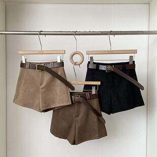 韩版通勤设计高腰A字短裤女春季新款麂皮绒百搭显瘦配腰带休闲裤