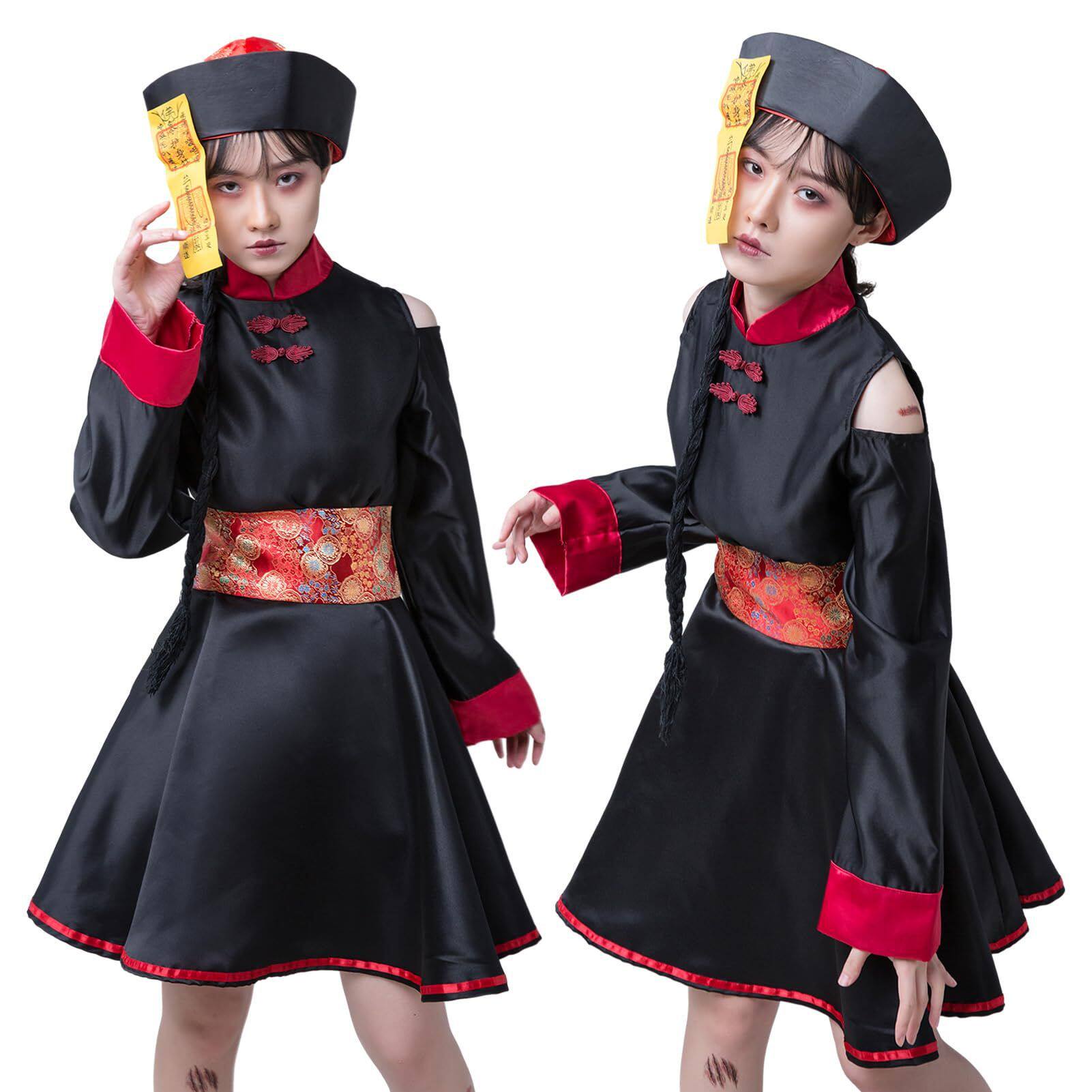新款 万圣节服女裙骷髅旗袍服装僵尸连衣裙儿童成人套装