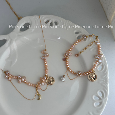 Pinecone home·原创【逢春】s925纯银金粉色珍珠流苏项链