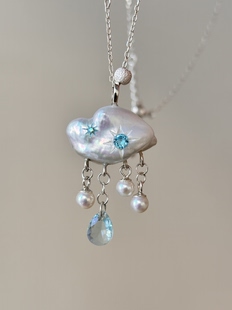 Pinecone home·原创【忧郁云朵】s925纯银淡水珍珠海蓝锆石项链