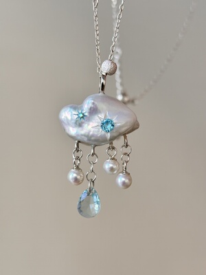 Pinecone home·原创【忧郁云朵】s925纯银淡水珍珠海蓝锆石项链