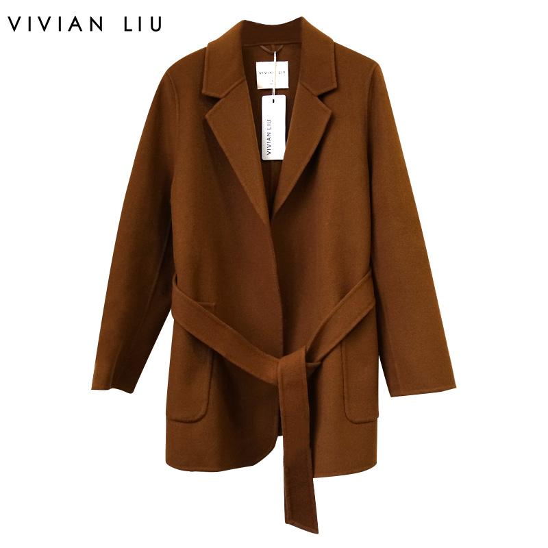 vivian liu薇薇安刘tj2359312秋女装新款西装领腰带收腰呢子大衣