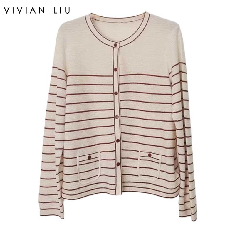 秋季女装新款条纹撞色毛织开衫