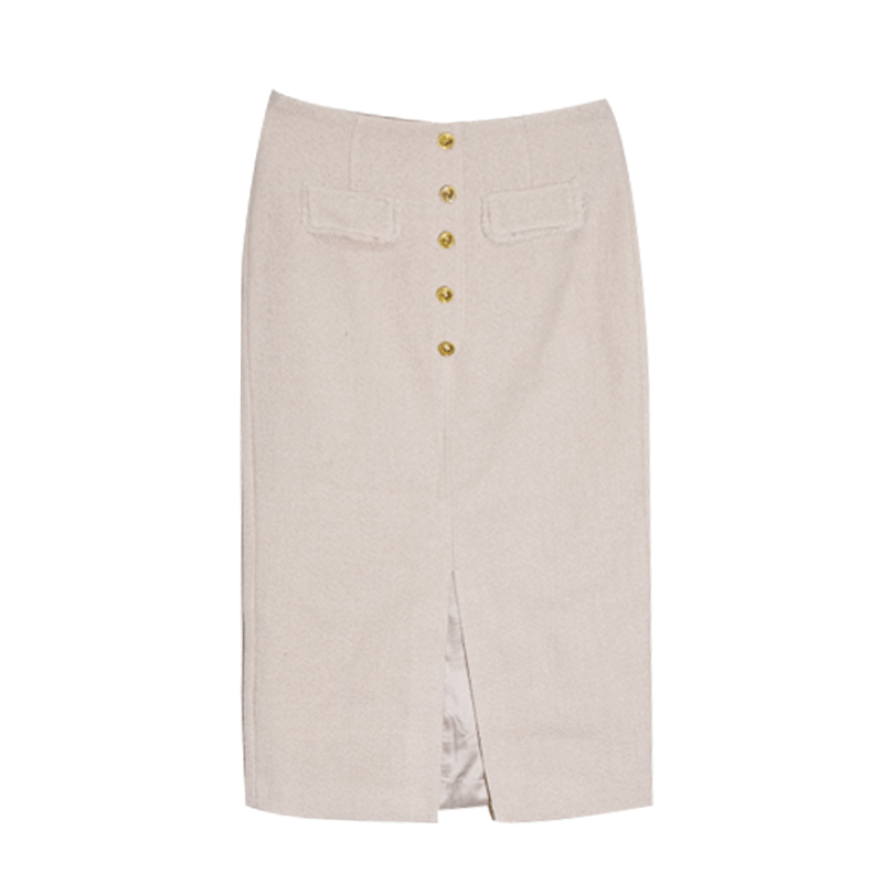 高腰纽扣装饰前开叉半裙
