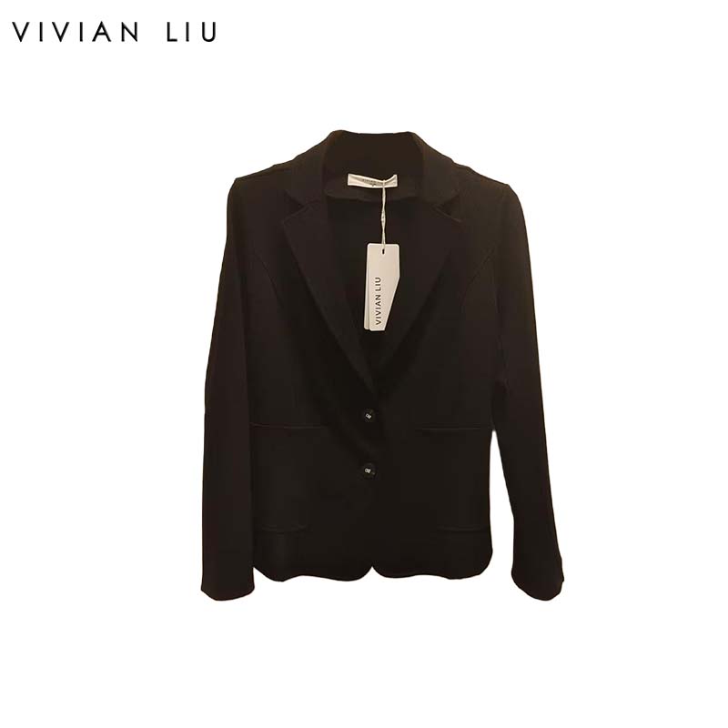 VIVIAN LIU R2457305秋女装新款时尚翻领圆摆两粒扣针织西服外套