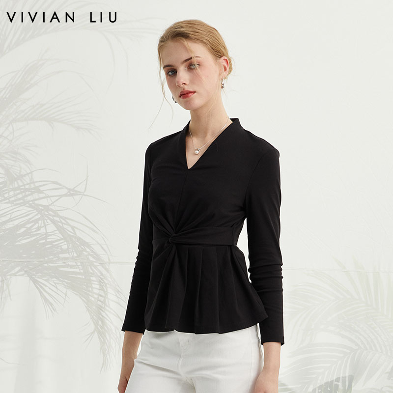 V领腰部搭袢长袖针织衫