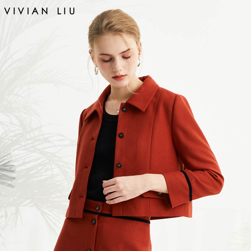 撞色条小香风呢子短上衣