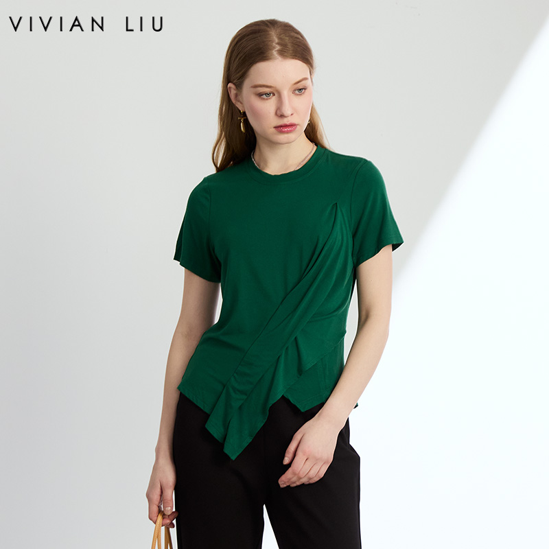 VIVIAN LIU薇薇安刘R2447312初秋女装新款时尚圆领不规则针织半袖