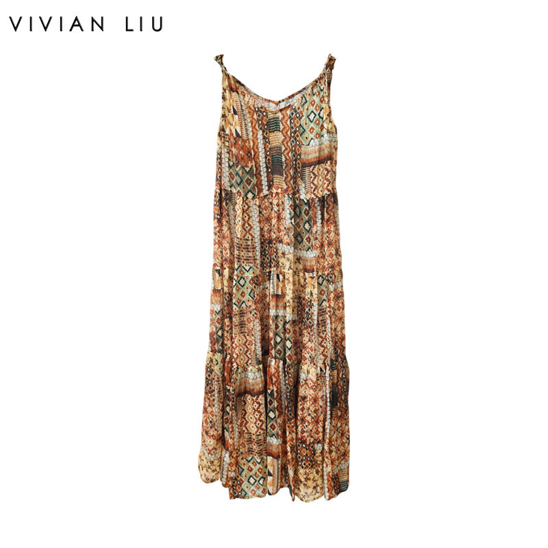 VIVIAN LIU薇薇安刘D2634123夏季女装新款波西米亚印花吊带连衣裙