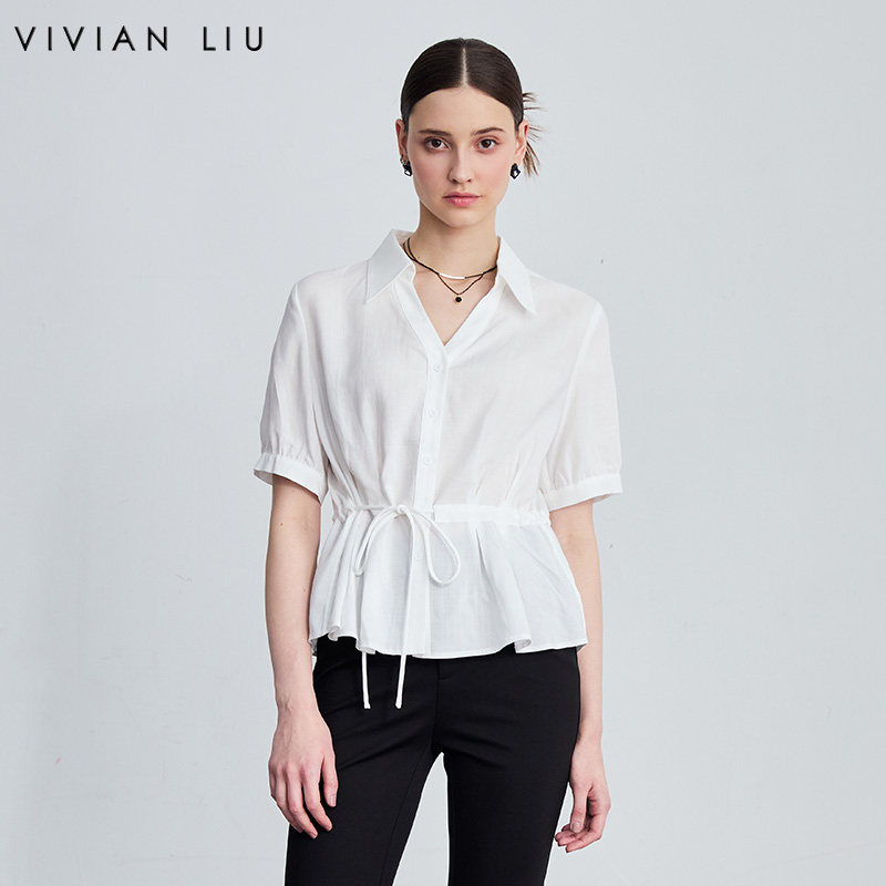 VIVIAN LIU D2633015夏女装新款法式翻领领收腰系带显瘦白衬衫